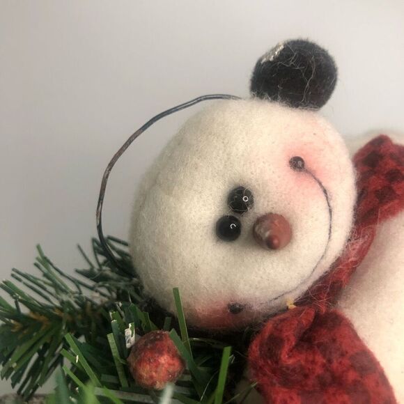 felted wool plush snowman sledding checkers scarf ear muffs pine tree red primit - Picture 8 of 8